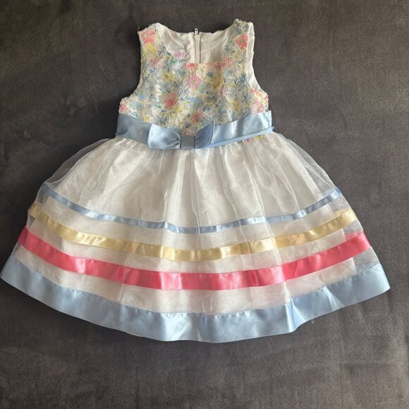 Bonnie Baby Infant Girls Dress 18M Floral Lace Top Satin Bow Organza Skirt Multi